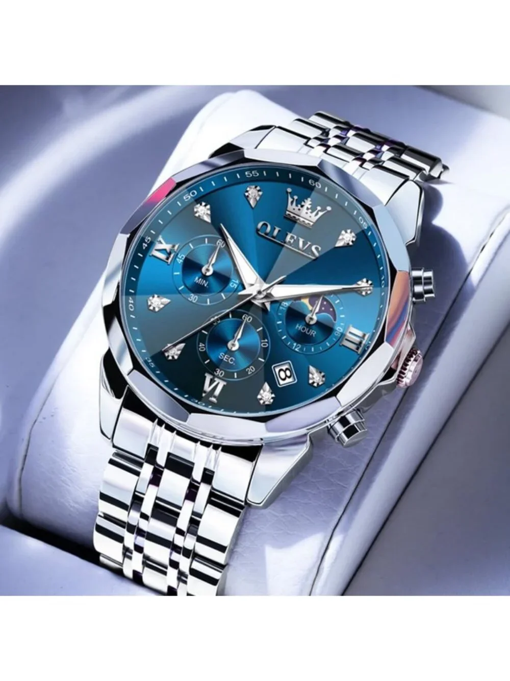 Luxury Stainless Steel Men's Watch - Diamond Chronograph, Multifunction, Date